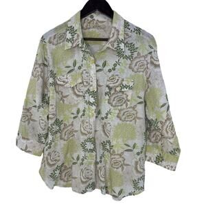Natural Reflections Treefrog Green Tan Floral Button Up Shirt XL Boho Earthy Top